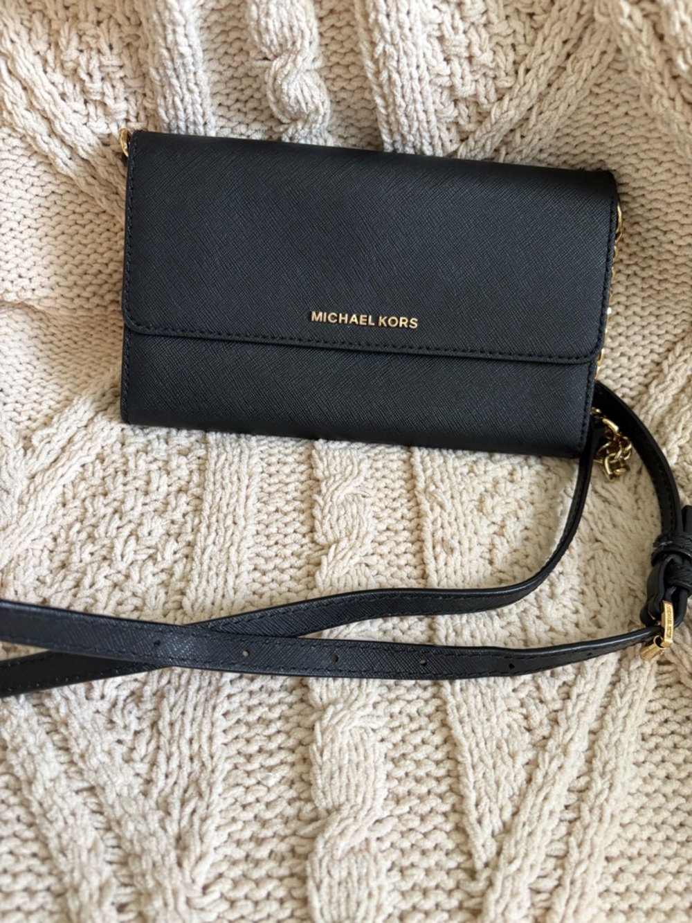 Michael Kors Black Saffiano Crossbody Wallet with Gold Hardware